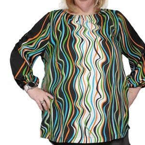 Bob Mackie Size XL Art to Wear Retro Disco Wavy 3/4 Arm Slits Black Orange Top